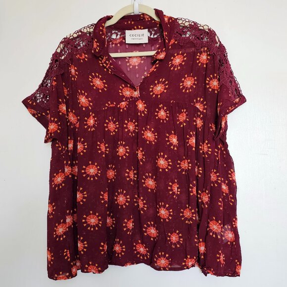Cecilie Copenhagen Short Sleeves Blouse Top, S, Burgundy - Picture 1 of 10